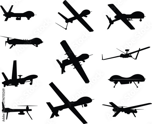 Set of drone silhouettes showing diverse unmanned aerial vehicle designs with sensors, weapons, and wings for surveillance, combat, and aviation vector use.
