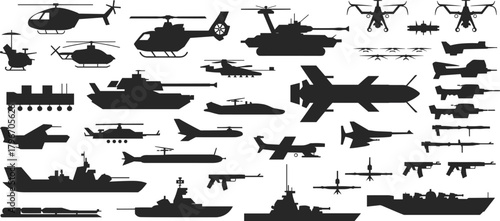 Comprehensive military vehicle and weapon silhouette vector set featuring tanks, warships, aircraft, helicopters, drones, rockets, and artillery for defense design and tactical illustrations.