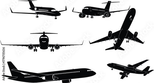 Commercial airplane silhouette vector set featuring passenger jets in various angles, detailed aircraft profiles, aviation icons, and airline design elements for travel graphics.