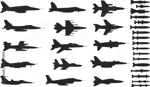 Military aircraft and missile silhouettes vector set featuring fighter jets, bombers, and weapons icons for defense, aviation, aerospace design, and infographic use.