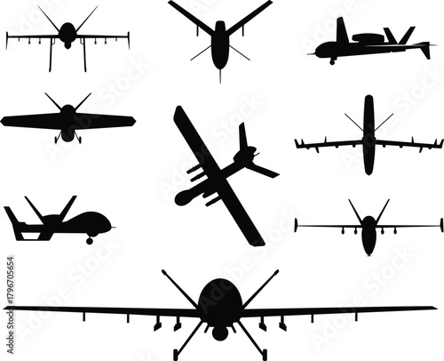 Military drone silhouette vector set featuring armed UAVs, reconnaissance unmanned aircraft, front and side views, aviation icons, and tactical aerospace design elements.