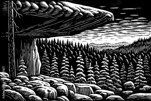 high rocky ledge rises above endless snowy forest, offering a dramatic panoramic view of frozen landscape and deep winter silence