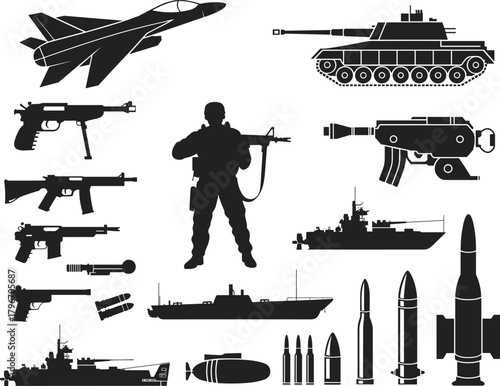 Military forces silhouette vector set featuring soldier, weapons, fighter jet, tank, warships, missiles, and ammunition icons for defense graphics, tactical design, and illustration projects.