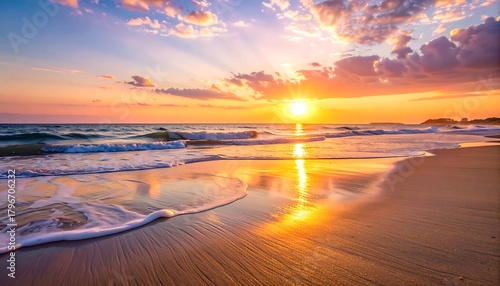 A vibrant sunset over a beach, with radiant sunbeams piercing through clouds. Waves gently lap the shore, mirroring the golden light