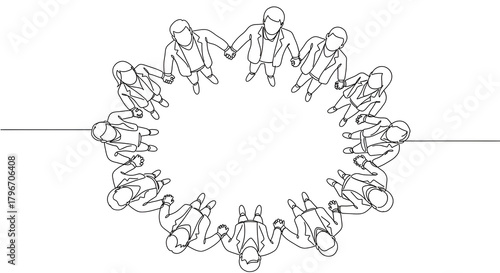 Business team forming a circle with joined hands, symbolizing unity, teamwork, and collaborative spirit.