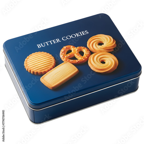 Blue Butter Cookies tin, Packed with Golden Biscuits. High-quality PNG file. Isolated on white or transparent background. PNG format.