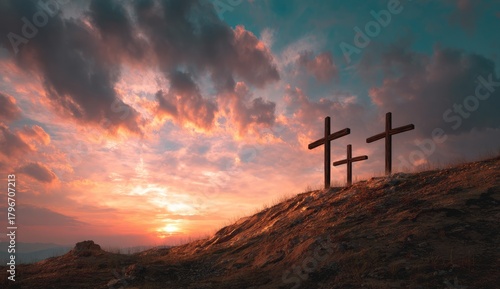 Silhouette of three wooden religious crosses above the hill against a dramatic sky and sunbeams at sunset or sunrise. Religious symbol of good Friday.
