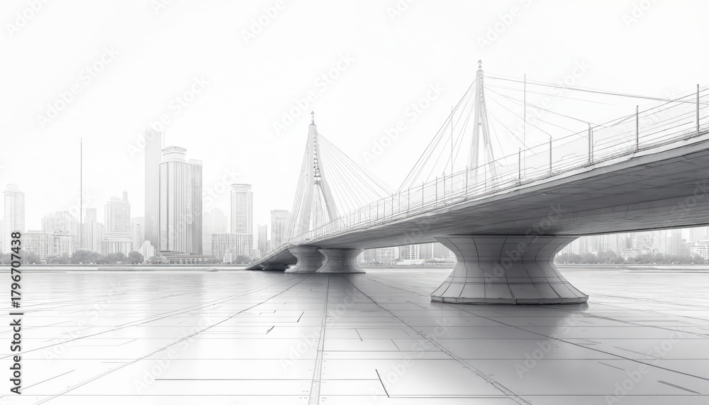 Obraz premium Modern cable-stayed bridge over water with city skyline. Architectural drawing style, clean lines, futuristic urban planning. Infrastructure project visualization.