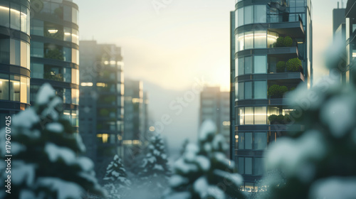 Fototapeta Naklejka Na Ścianę i Meble -  Eco city glass towers surrounded by snow covered trees create serene winter landscape at sunset, evoking sense of tranquility and modernity