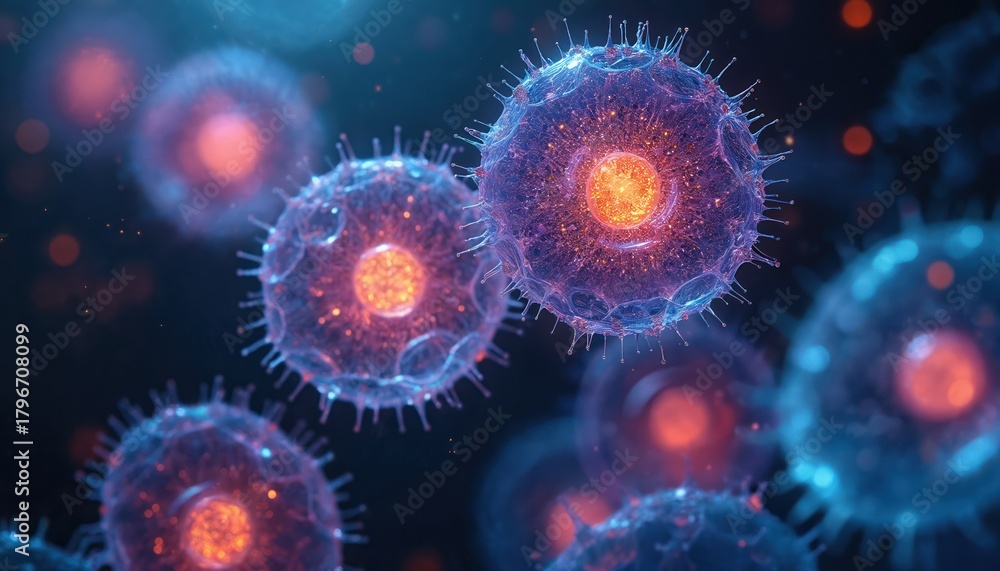 Obraz premium Microscopic view cells with intricate structures. Vibrant glowing nucleus highlighted. Concept for research, medicine, genetic, bio, tech. Perfect for scientific visuals, education projects health