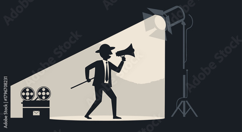 A flat design vector illustration depicting a film director in a spotlight, symbolizing the discovery and recognition of new talent at a film festival. This image highlights emerging voices in cinema.