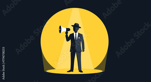 A flat design vector illustration depicting a film director in a spotlight, symbolizing the discovery and recognition of new talent at a film festival. This image highlights emerging voices in cinema.