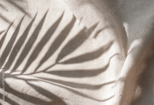 Sunlight casting shadow of palm leaf on white fabric