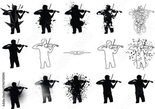 Flat vector silhouette of violinist in artistic styles, musical performance poses, abstract effects, creative design, expressive music illustration set