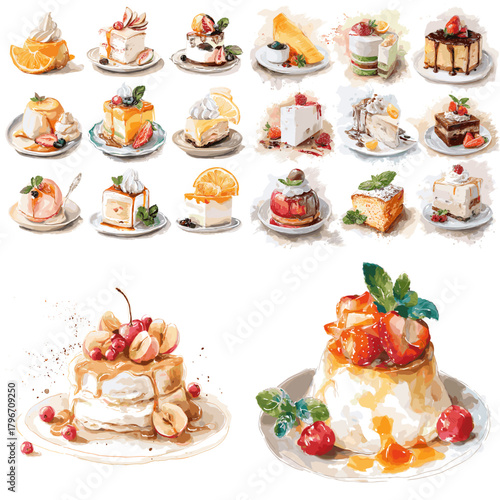 Elegant dessert selection in watercolor: mini cakes, cheesecakes and fruit treats on plates. Bakery clipart for menus, cafe branding, invitations, packaging and posters.