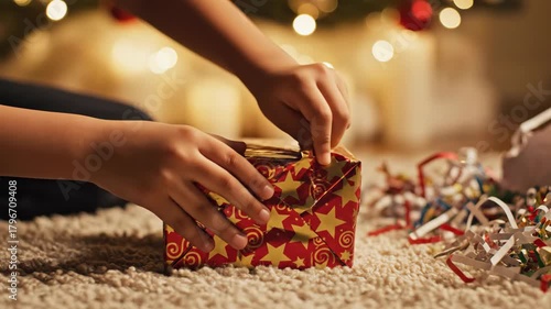 A child's hands eagerly unwrapping a festive Christmas gift on the floor, with twinkling holiday lights in the background