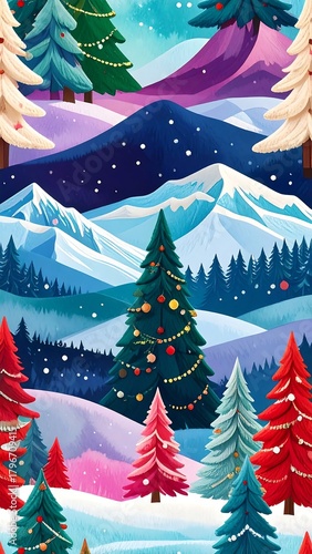A vibrant, vertical illustration of a snow-covered mountain landscape with colorful evergreen trees and twinkling lights