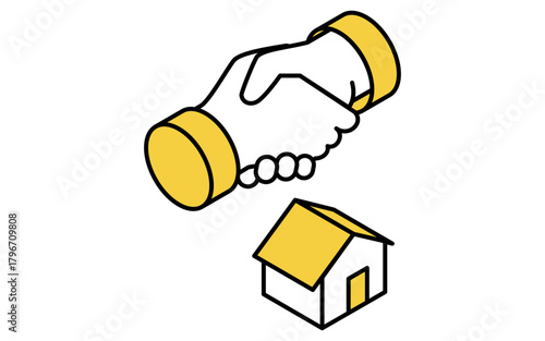 不動産購入、契約締結時の握手のシンプルな線画アイソメトリックイラスト