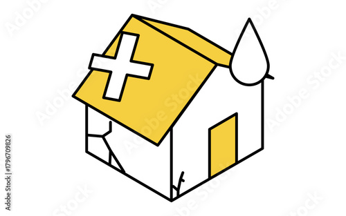 不動産購入、リフォームの必要な築古戸建てのシンプルな線画アイソメトリックイラスト