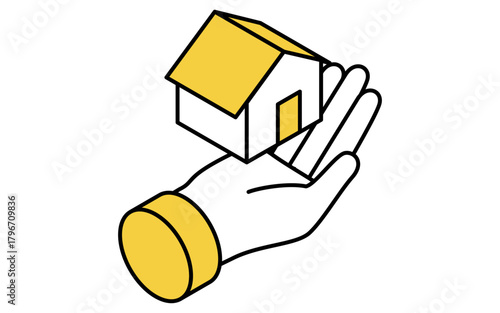 不動産購入、マイホーム購入のシンプルな線画アイソメトリックイラスト