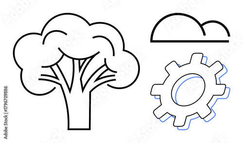 Tree, cloud, and gear icons symbolize balance between nature, industry, and sustainability. Ideal for environment, energy, eco industry innovation balance synergy themes. Simple flat metaphor