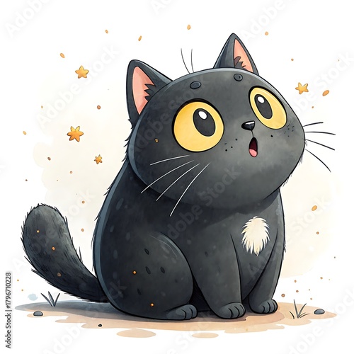 Adorable cartoon black cat with big yellow eyes looking up in surprise