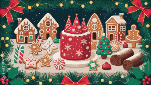 Festive dessert assortment with cookies ginger bread and red cake for celebration