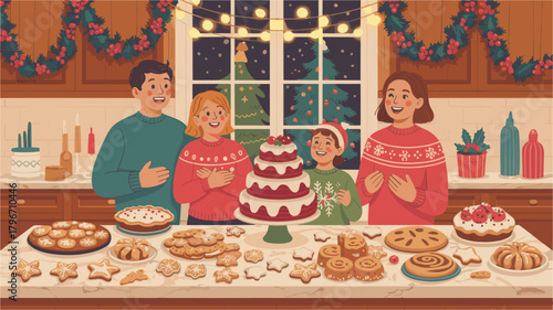 Family making winter holiday cake and cookies in kitchen together at home