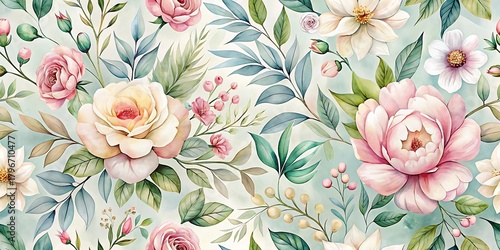 Floral pattern with pink flowers and green leaves