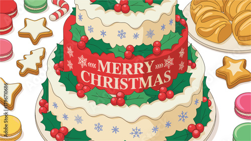 Holiday cake surrounded by pastries cookies and sweets illustration