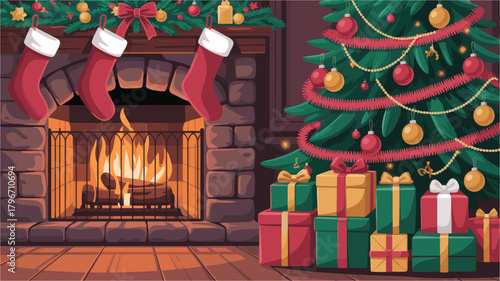 Illustration of decorated fireplace with stockings gifts and tree scene indoor