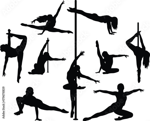 Athletic female pole dancers silhouettes, acrobatic aerial silks tricks, flexible gymnastics poses, performance art, strength and grace, black and white vector illustration set.
