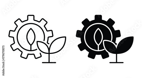 Gear Icon and Leaf Symbol Representing Sustainable Technology Concept