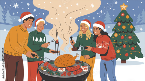 People around grill cooking turkey and sausages for holiday gathering