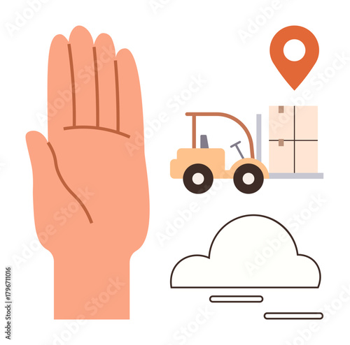 Raised hand gesture near a forklift carrying boxes, location marker, and cloud shapes. Ideal for logistics, teamwork, delivery, instructions, location storage and communication. Simple flat