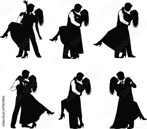 Elegant dance couple silhouettes in romantic dip poses, ballroom dancers kissing, wedding reception romance, timeless love, passionate embrace, vector illustration.
