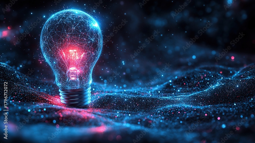 Fototapeta premium Abstract Digital Illustration of a Glowing Light Bulb in a Cosmic, Particle-Filled Landscape