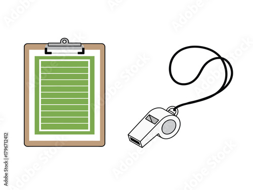 A coach's clipboard with an American football field diagram and a referee's whistle with a lanyard.