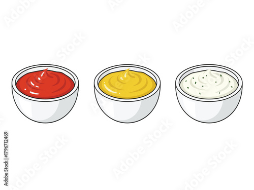 Set of three classic condiment dipping sauces: ketchup, mustard, and mayonnaise in white bowls.