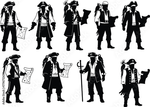 Flat vector silhouette of pirates with maps and parrots, classic costume poses, adventure theme, scrolls, sword, storytelling illustration set