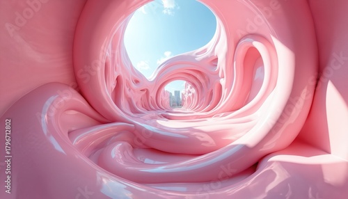 Fototapeta Naklejka Na Ścianę i Meble -  Pink abstract tunnel with swirling shapes. 3D render illustration of futuristic interior with smooth curves. Round tunnel stretches into distance with cityscape and blue sky visible ahead.