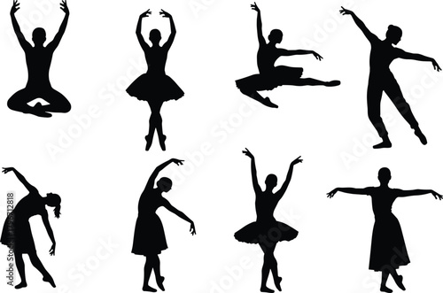Graceful ballet dancer silhouettes, elegant poses and leaps, classical dance movement, tutu and dress figures, black and white vector illustration set for performance arts.