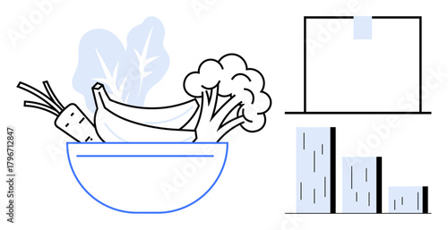 Bowl filled with vegetables, presentation board, bar chart. Ideal for health, nutrition, data analysis, education, wellness diet business growth. Minimal and simple flat metaphor