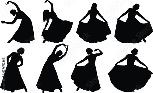 Graceful female dancer silhouettes, flowing skirt poses, elegant contemporary ballet movement, dramatic shapes, black and white vector illustration set, performance art collection.
