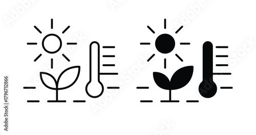 Illustrations of Sun, Plant, and Thermometer for Weather and Growth Concepts