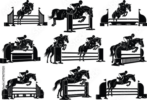 Flat vector silhouette of horse and rider show jumping over obstacles, equestrian sport action, dynamic pose, competition, athletic illustration