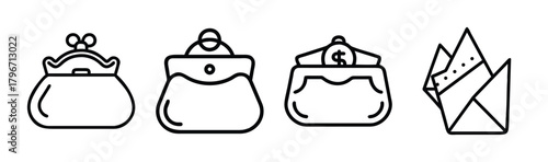 Collection of line art wallets coin purses and folded paper elements icon set