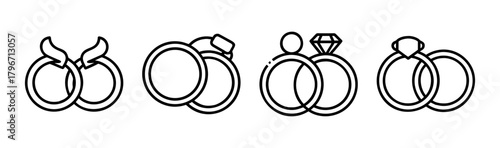 Four pairs of wedding and engagement rings line art symbols collection