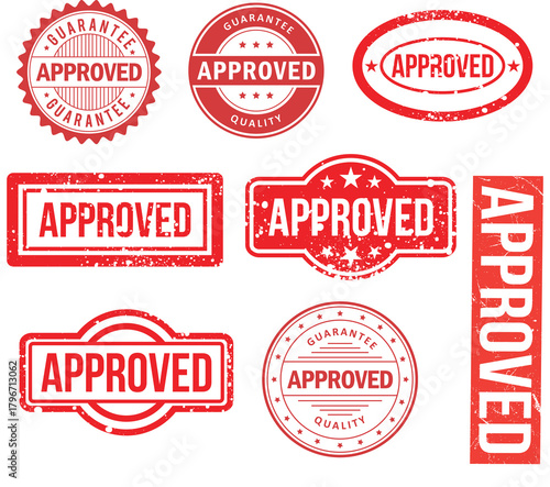 Vintage Red Rubber Stamp Set: A Collection of Grunge Textured Approved, Verified, and Certified Badges for Authentic Labels and Business Documents