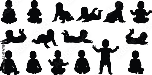Happy baby silhouettes collection, cute toddler poses sitting and playing, playful infant movement, joyful children figures, black and white vector illustration set for parenting.